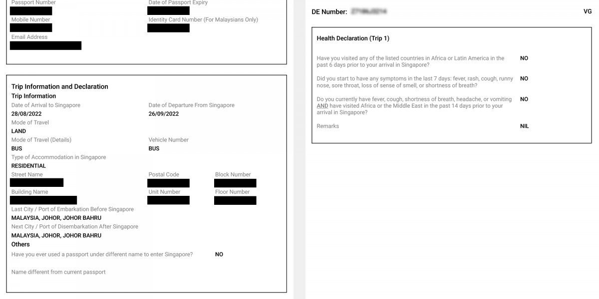 SG Arrival Card with DE Number