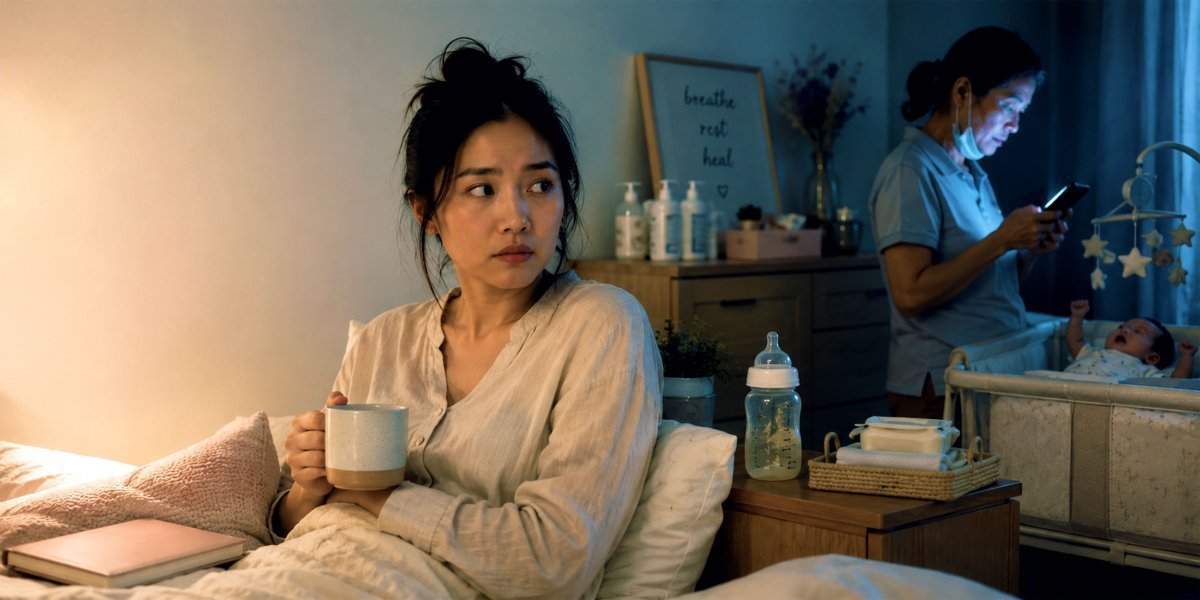 A concerned postpartum mother sits upright in bed holding a mug, watching a distracted confinement nanny scrolling on her phone beside a baby’s bassinet in a softly lit bedroom, highlighting subtle caregiving red flags and maternal anxiety.