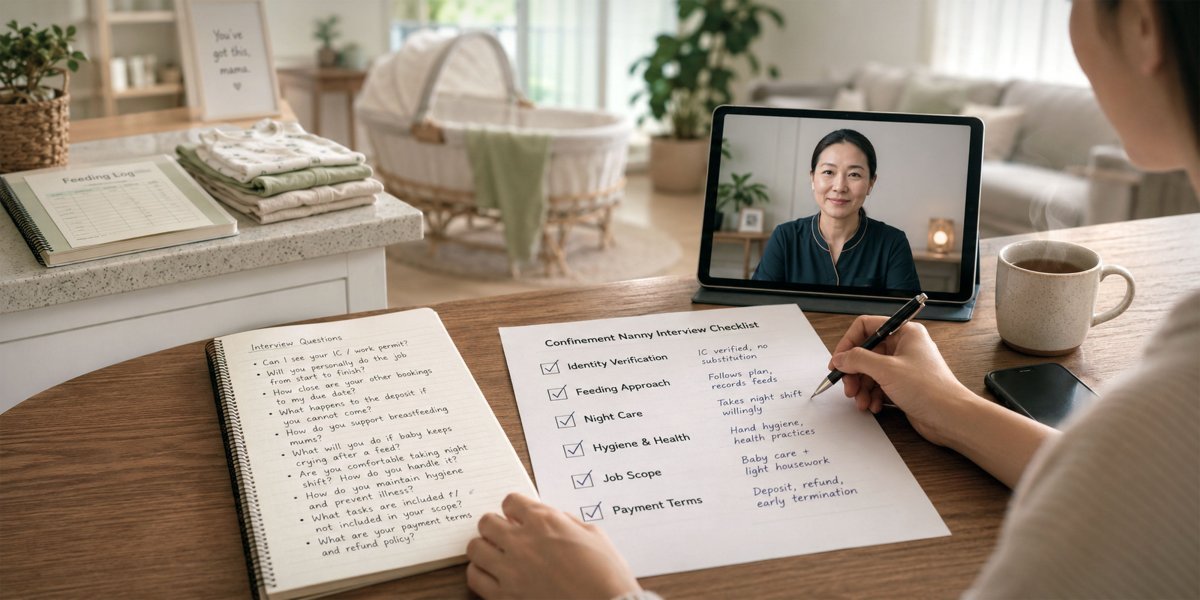 Mother reviews a confinement nanny interview checklist during a video call with a prospective nanny, preparing to make an informed hiring decision.
